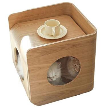 Imagem de Mesa de centro multiuso, mesa lateral de madeira, com cama de gato, mesa de cabeceira para gatos, cama de gato coberta fácil de limpar com almofada lavável substituível, mesa de chá, mesa lateral