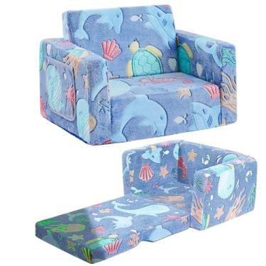 Imagem de Cadeira infantil confortável, sofá infantil macio 2 em 1 dobrável para crianças, sofá conversível para espreguiçadeira, presente para aniversário de meninas e meninos, oceano