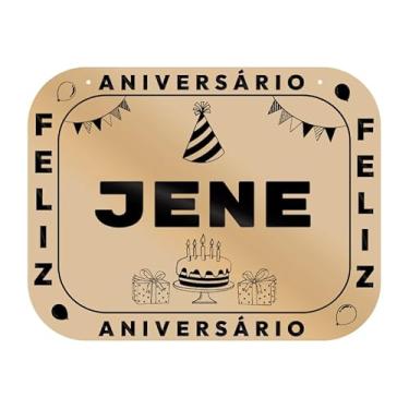 Imagem de Placa Feliz Aniversário Jene em MDF, 19x14 cm, com 2 Furos para Pendurar