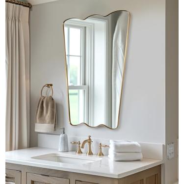 Imagem de ANDY STAR Espelho recortado dourado escovado de 61 x 91 cm, espelho de banheiro irregular de latão antigo - Espelho assimétrico em forma de borboleta para lavabo