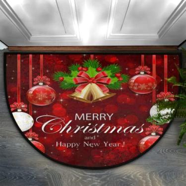 Imagem de Pardick Tapete de Natal vermelho e dourado meio redondo antiderrapante para entrada interna e externa, semicírculo, durável, lavável, meia lua, tapete frontal para cozinha, pátio, decoração de férias