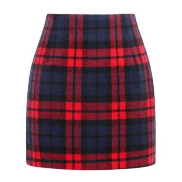 Imagem de Saia feminina Kinghua xadrez de lã, mini cintura alta, Bodycon, vermel
