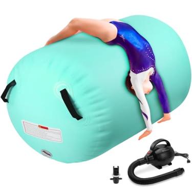 Imagem de KIKILIVE Barril de rolo de ar inflável de ginástica verde 101,6 x 59,9 cm, cilindro de ginástica com bomba elétrica para crianças, adultos, casa, ao ar livre, ginástica, treinamento, líder de torcida