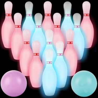 Imagem de Conjunto de 17 peças de brinquedos de bola de boliche iluminados que brilham no escuro com 15 pinos e 2 bolas jogos esportivos divertidos para crianças pequenas, internas e externas, meninos e meninas