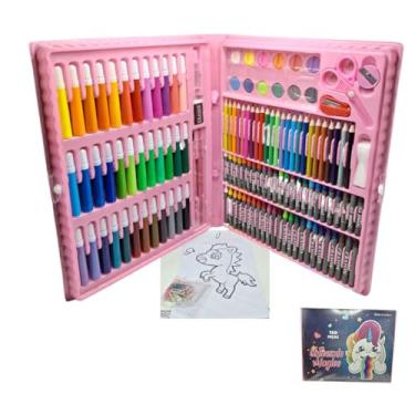 Imagem de Maleta de Pintura Infantil 150 Peças Dinossauro ou Unicórnio Giz, Canetinhas, Lápis de Cor, Aquarela, Kit Completo (Rosa Unicórnio)