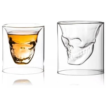 Imagem de Jogo 2 Copos de Vidro 150ml Caveira Shot Dose Para Whisky Tequila Bebidas Gelada e Quente Parede Dupla