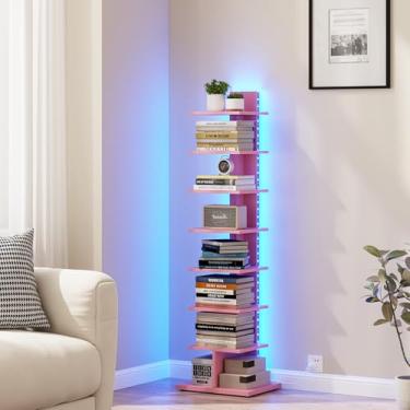 Imagem de TUTOTAK Estante estreita, estante de livros de 8 camadas com luzes LED, prateleira de livros lombada para espaços pequenos, prateleira de canto para sala de estar, escritório, escritório, entrada