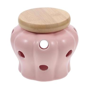 Imagem de Ｂｅｓｇａ Garlic Keeper Alho Suporte Lata Adega Pote Criativo com Furos Redondos para Cozinha Pequeno Recipiente de Armazenamento com Tampa de Madeira, Rosa, Tamanho real