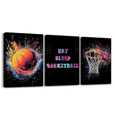 Imagem de Feelyou Arte de parede em tela infantil de basquete para sala de estar quarto imagem colorida vibrante decoração de parede para banheiro tema esportivo meninos meninas arte pôsteres amantes de