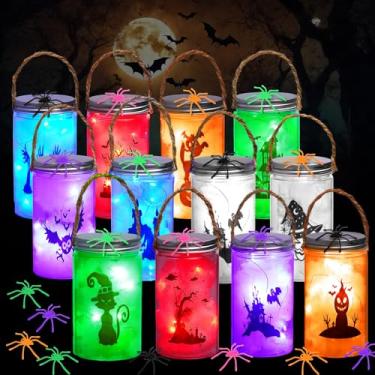Imagem de Willinglong Pacote com 12 jarras de lanternas de Halloween DIY, kit de artesanato de plástico para decoração de ambientes internos e externos, jardim, casa, kit de arte DIY para adultos