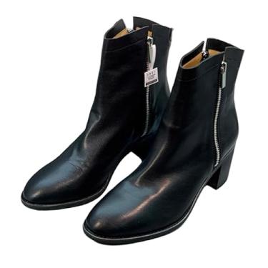 Imagem de Archicolor British Zipper Chelsea Chimney Botas de cano baixo, sola grossa, minimalista, couro legítimo, botas femininas outono inverno, Preto, 40