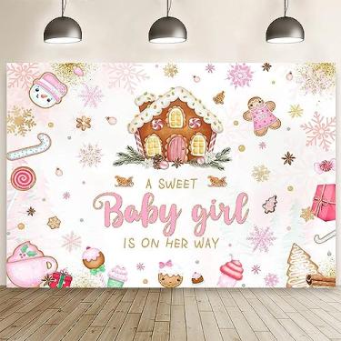 Imagem de MEHOFOND 2,4 x 1,8 m Pano de fundo de Natal para chá de bebê, uma doce menina está a caminho, fundo fotográfico, floco de neve, rosa, decoração de candyland para bebê, bandeira, mesa de bolo, adereços