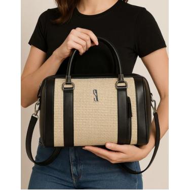 Imagem de Bolsa Feminina Baú Focus Palha Bicolor Ajustável Transversal Forrada S