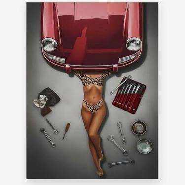 Imagem de Arte de parede retrô moda anos 90 carro vermelho leopardo biquíni menina pôster para colagem dormitório apartamento quarto decoração moderna glamour feminino impressões em tela imagens para meninas