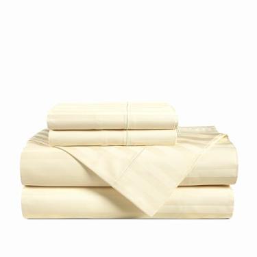 Imagem de Casa Platino Jogo de lençóis 100% algodão egípcio tamanho GG - 4 peças - listras damasco - 1000 fios - conjunto de lençóis de cama de cetim ultra suave com bolsos profundos de 38 cm - marfim