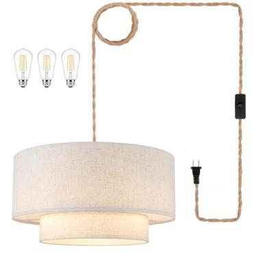 Imagem de Kirahee Luminária Pendente De Encaixe, Linho Com Tambor 2 Níveis E Cabo Cânhamo 4,5 M, Interruptor Liga/Desliga E26, Lustre Suspenso 50 Cm Para Sala Jantar, Cozinha Corredor