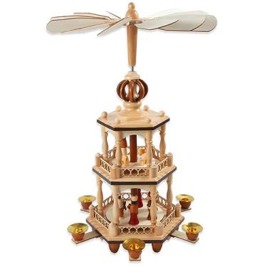 Imagem de Pirâmide de madeira de Natal de 45,7 cm com 6 suportes de vela - conjunto de presépio - sob a árvore de Natal - decoração de férias de mesa - carrossel de 3 camadas (dois)