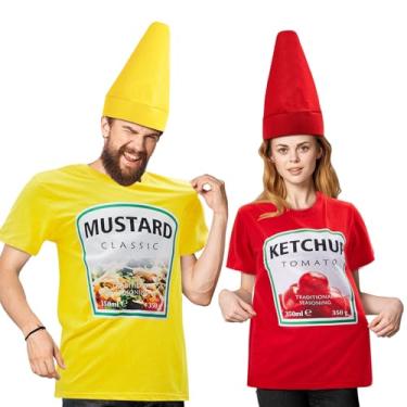 Imagem de Toulite Halloween Yellow Mustard Red Ketchup Costume Matching Group T-shirt and Hat Halloween Couple Costume (X-Large & Large,Mustard & Ketchup,2 Set)
