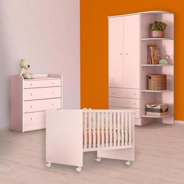 Imagem de Infantil Berço Reto, Cômoda Trocador e Guarda Roupa Rosa - Qmovi