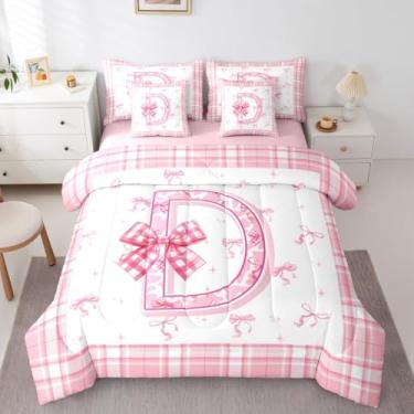 Imagem de Erosebridal Conjunto de edredom solteiro com letra D, 7 peças, com laço rosa, para crianças, meninos, meninas, adultos, lençol com laço de alfabeto, presente personalizado para mulheres e homens