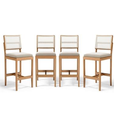 Imagem de Kit Com 4 Banquetas Milena Madeira Maciça Assento Estofado Encosto De Tela Sintética