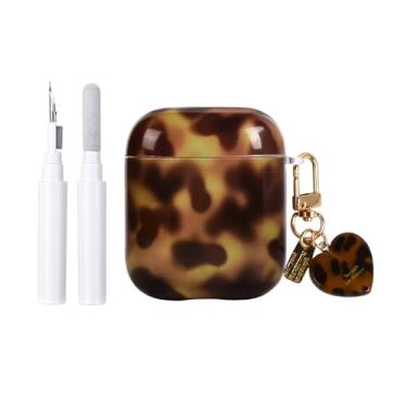 Imagem de inewateri Capa compatível com AirPods 2 com kit de limpeza, fofo, marrom, leopardo, âmbar legal, tartaruga, estética, à prova de choque, capa de chaveiro para meninas e mulheres para AirPods 1 e 2