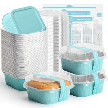 Imagem de Ruckae Mini formas quadradas de 142 g, 100 peças, com tampas, recipientes de sobremesa descartáveis, mini formas de bolo com tampas, copos de sobremesa de alumínio para festas e casamentos (azul claro