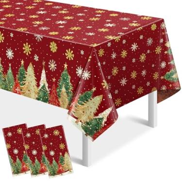 Imagem de YIDAKO 3 peças de toalhas de mesa descartáveis de Natal, retangulares, árvores de Natal, toalha de mesa de plástico vermelho, capa de mesa impermeável de flocos de neve de inverno para decorações de