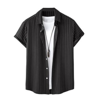 Imagem de Camisa masculina COZYEASE de manga curta com botões em poliéster preto