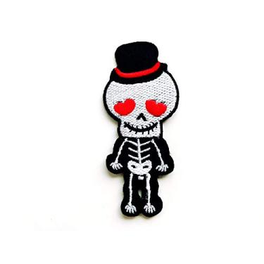 Imagem de TH Black Skeleton Skull Bones Red Heart Eyes Cute Halloween Ghost Bordado Costurado em Ferro no Patch para Mochilas Jeans Jaquetas Roupas