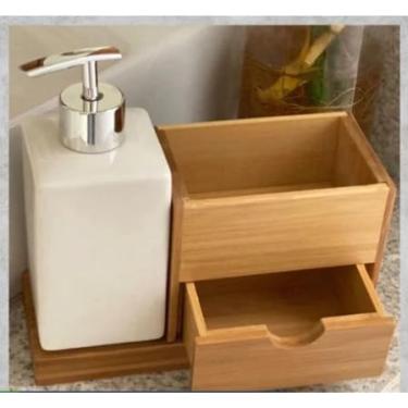 Imagem de Kit Lavabo Banheiro com Bandeja e Gaveta em Porcelana e Bambu – Porta Escova e Saboneteira Elegante e Sustentável (BRANCO (5727))