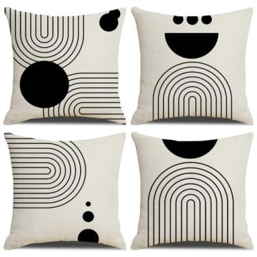 Imagem de IcosaMro Conjunto de 4 capas de almofada Boho 45,7 x 45,7 cm, preto e branco, moderno, geométrico, algodão, linho, capa de almofada decorativa com zíper para ambientes externos e interiores, arco