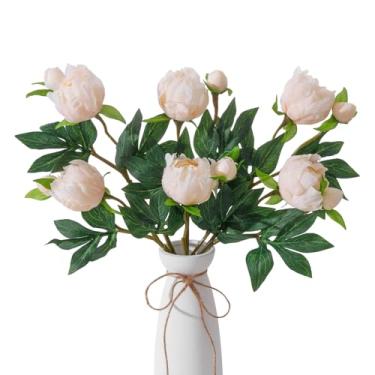Imagem de GAUIOGI 6 peças de flores artificiais de peônia champanhe realistas, 40 cm, cabeças duplas, peônias falsas de seda com haste longa para arranjo de vasos, centros de mesa de casamento, decoração de