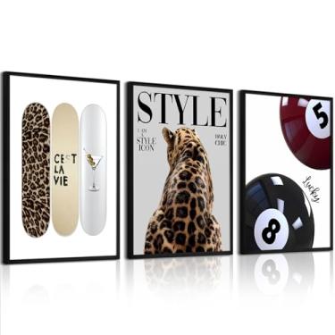 Imagem de Youillne Impressão de parede de guepardo na moda, arte de parede de leopardo, estética de skate, pôster de lona Lucky 8 Ball Pictures Pintura retrô fashion para quarto de menina 30,5 x 40,6 cm, sem
