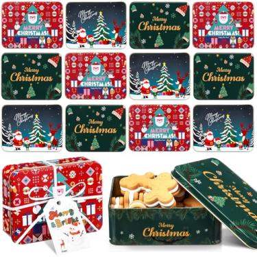 Imagem de Pelopy 12 latas de doces de Natal com tampas, pequenas caixas de metal de biscoito de Natal para presente de folha de flandres quadradas, latas de Natal com fitas e etiquetas, recipiente de presente