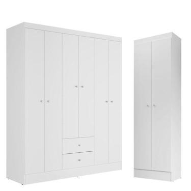 Imagem de Guarda Roupa Solteiro Versa 6 Portas Branco Rosa Flex Com Armário Multiuso Aura Branco - Kits Paraná