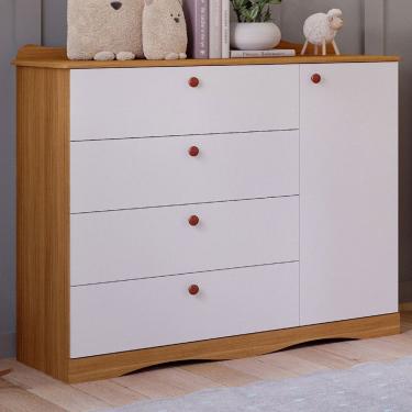 Imagem de Cômoda de Bebê Encanto 1 Porta 4 Gavetas 100% Mdf Natural/Branco - Permóbili
