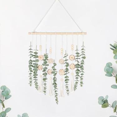 Imagem de LB Decoração de parede de eucalipto artificial, folhas de vegetação falsa com bastão de madeira de 40,6 cm com bola de vime, arte de parede de eucalipto verde para quarto, banheiro, sala de estar