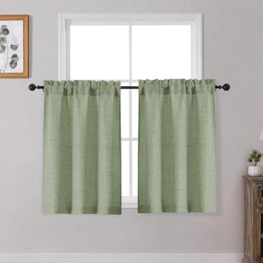 Imagem de OWENIE Cortinas de café verde sálvia 91 cm de comprimento, conjunto de 2 painéis, cortinas de cozinha curtas texturizadas com filtragem de luz sobre a pia, camada de cortina de janela pequena para