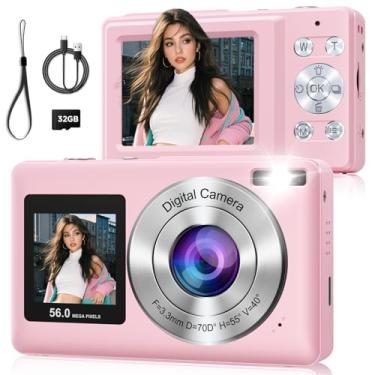 Imagem de Câmera digital, câmera de tela dupla de 56 m 2,7 K, zoom de 18x, antivibração, detecção de sorriso, câmeras digitais pequenas com cartão de 32 GB, 20 filtros, selfies, presente para crianças