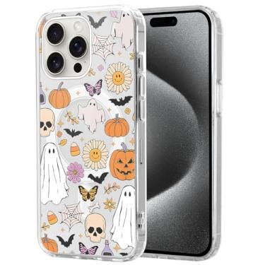 Imagem de Vulfwela Linda capa de celular transparente de Halloween para iPhone 16 Pro Max de 6,9 polegadas, compatível com MagSafe, estampa estética de abóbora, fantasma, margarida, borboleta, capa magnética