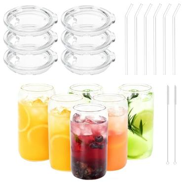 Imagem de Kiicii Copo de vidro de 473 ml com tampa Tritan e conjunto de 6 peças, xícara de café gelada fofa, copo de vidro estético com tampa e canudo, presente ideal para mulheres, aniversário, Natal