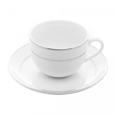 Imagem de Xícara De Café Chá Com Pires 220ml Monâco Porcelana Bordas Prateadas B