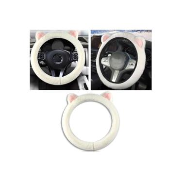 Imagem de Couslcd Capa de volante de carro, protetor de volante fofo com orelhas de gatinho, pelúcia macia e fofa para aquecer o inverno, ajuste universal de 38 cm para carro, SUV, elástico e antiderrapante