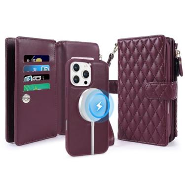 Imagem de Lacass Capa carteira para iPhone 16e, compatível com MagSafe Magnetic 2 em 1 de couro sintético destacável magnético com bloqueio de RFID, suporte para cartão, cordão de pulso, acolchoado, vinho tinto