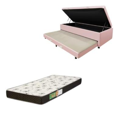 Imagem de Cama Box Baú Solteiro com Auxiliar (Bicama) + Colchão Solteiro Espuma D20 12cm | Kit Completo com Cabeceira Botonê Opcional | Diversas Cores (2, CORINO ROSA, SEM CABECEIRA)