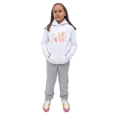 Imagem de Kit de Blusa e Calça Moletom Infantil Menina Estampa Urso e Flores Costuras Reforçadas Inverno