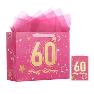 Imagem de Bolsa de presente de aniversário de 60 anos rosa de 33 cm com lenços e cartões, adequada para festas de aniversário e comemorações de aniversário. Bolsa de presente de tamanho médio (1 peça rosa)