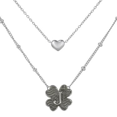 Imagem de MANZHEN Colar feminino com coração e trevo em camadas, inicial A-Z, design decorativo de elos de corrente, joias antigas, 18 Inches, Metal, Sem Pedra Preciosa