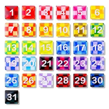 Imagem de Tellegloww Grandes números de calendário magnético, ímãs de calendário de vidro colorido para quadro branco apagável a seco, quadro branco magnético, geladeira 3 cm (arco-íris xadrez)